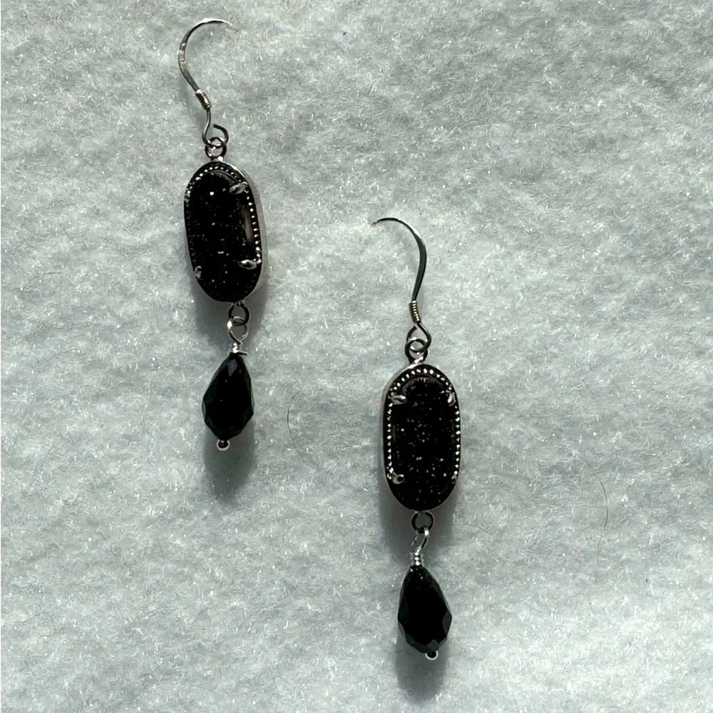 925 Sterling Silver Black Druzy Gemstone and Crystal Drop Earrings NEW